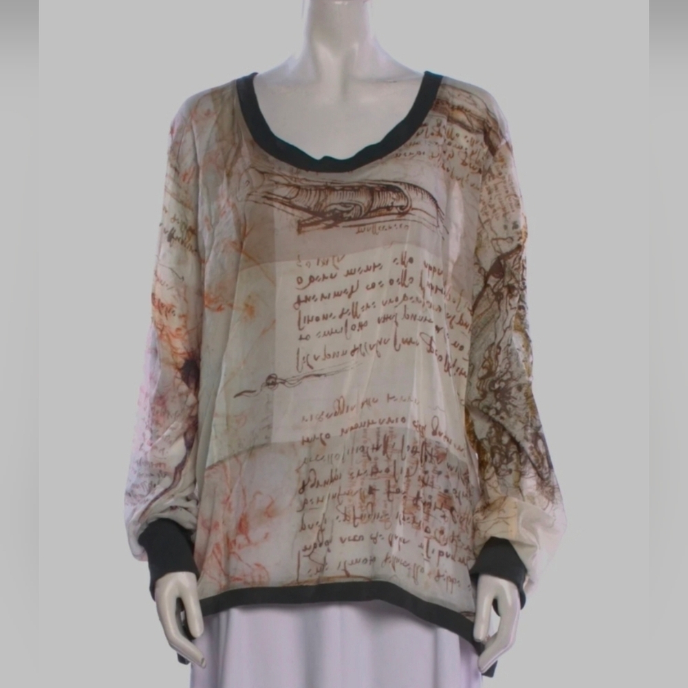 RARE NWT THE PEOPLE OF THE LABYRINTHS GRAPHIC SILK TOP BLOUSE SHEER LARGE